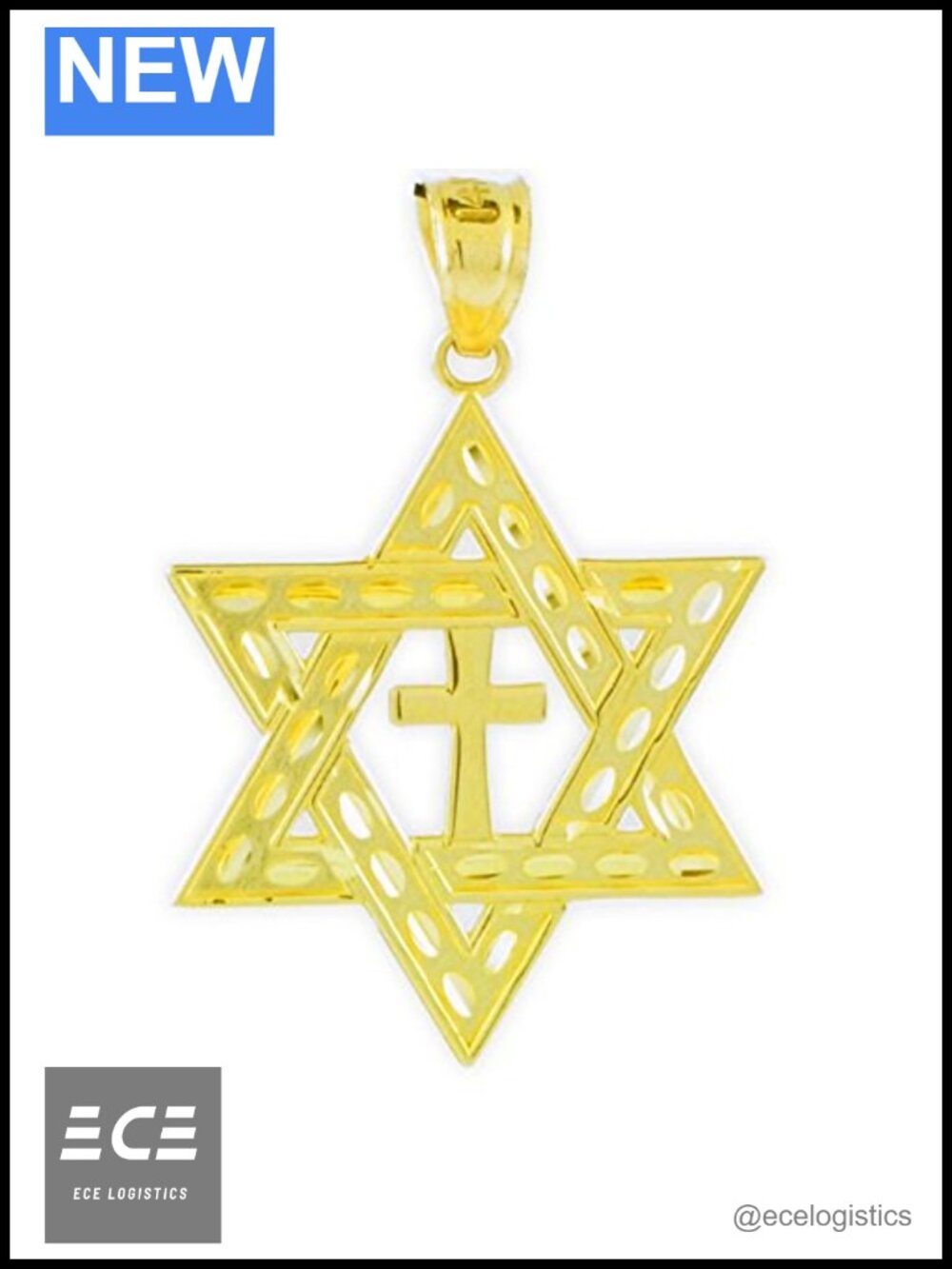 10K Solid Gold Star of David Cross Pendant Charm Necklace